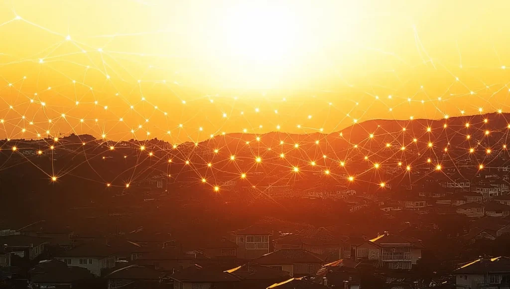 Coucher de soleil illuminant un réseau énergétique connecté