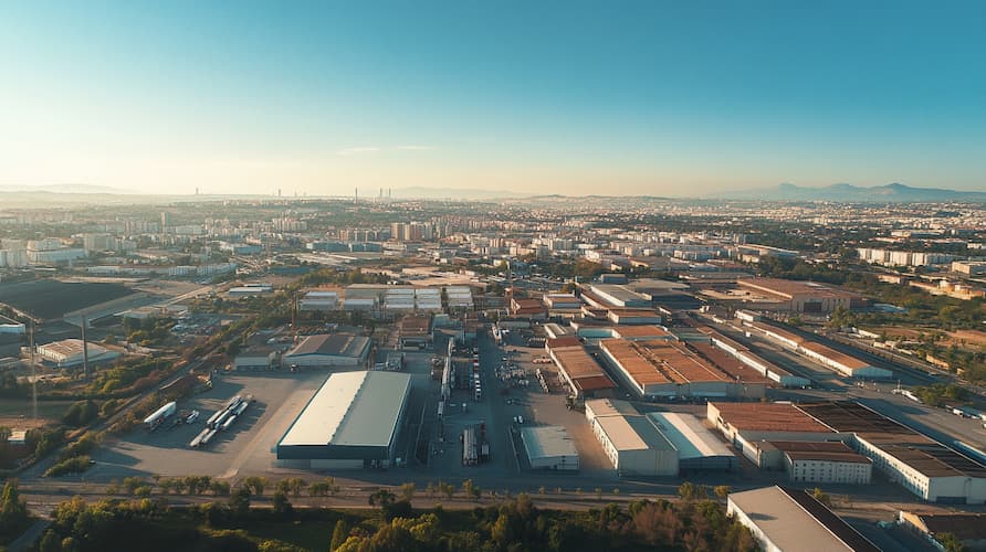 Vue aérienne d'une vaste zone industrielle en périphérie urbaine