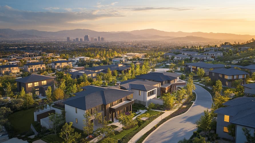 Quartier résidentiel moderne et verdoyant avec vue sur la ville au coucher du soleil