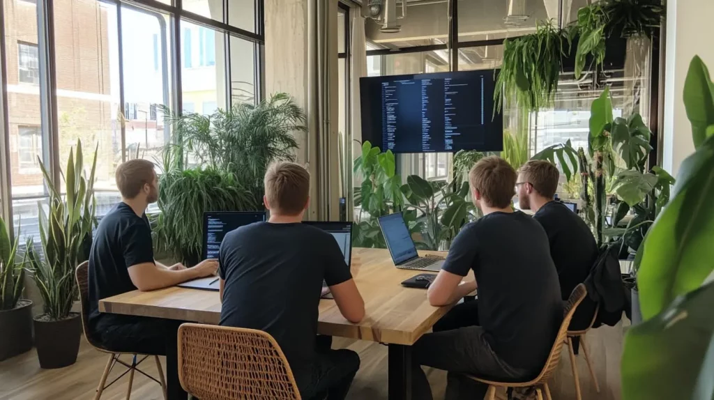 Réunion d'une équipe de développeurs dans un bureau avec des plantes