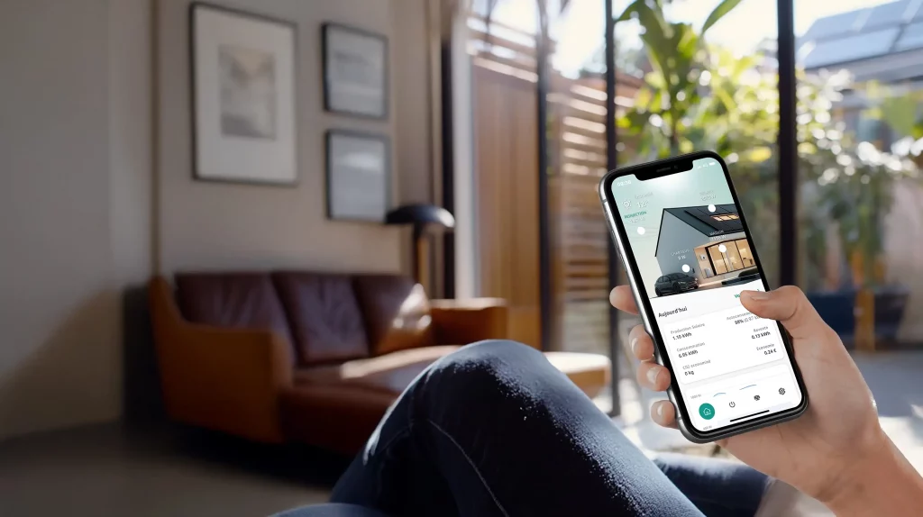 Personne utilisant l'application FHE Plus pour surveiller et contrôler la gestion énergétique en temps réel depuis un smartphone dans un environnement résidentiel